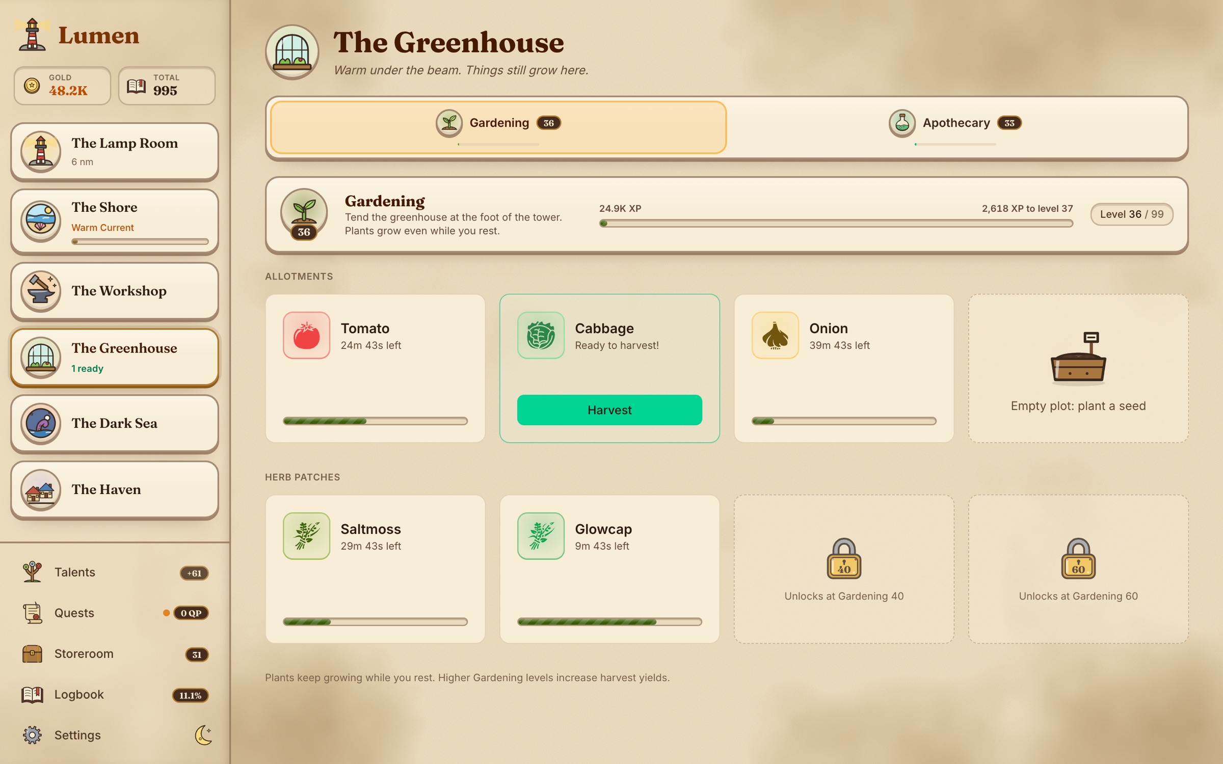 The Greenhouse: allotments and herb patches growing.
