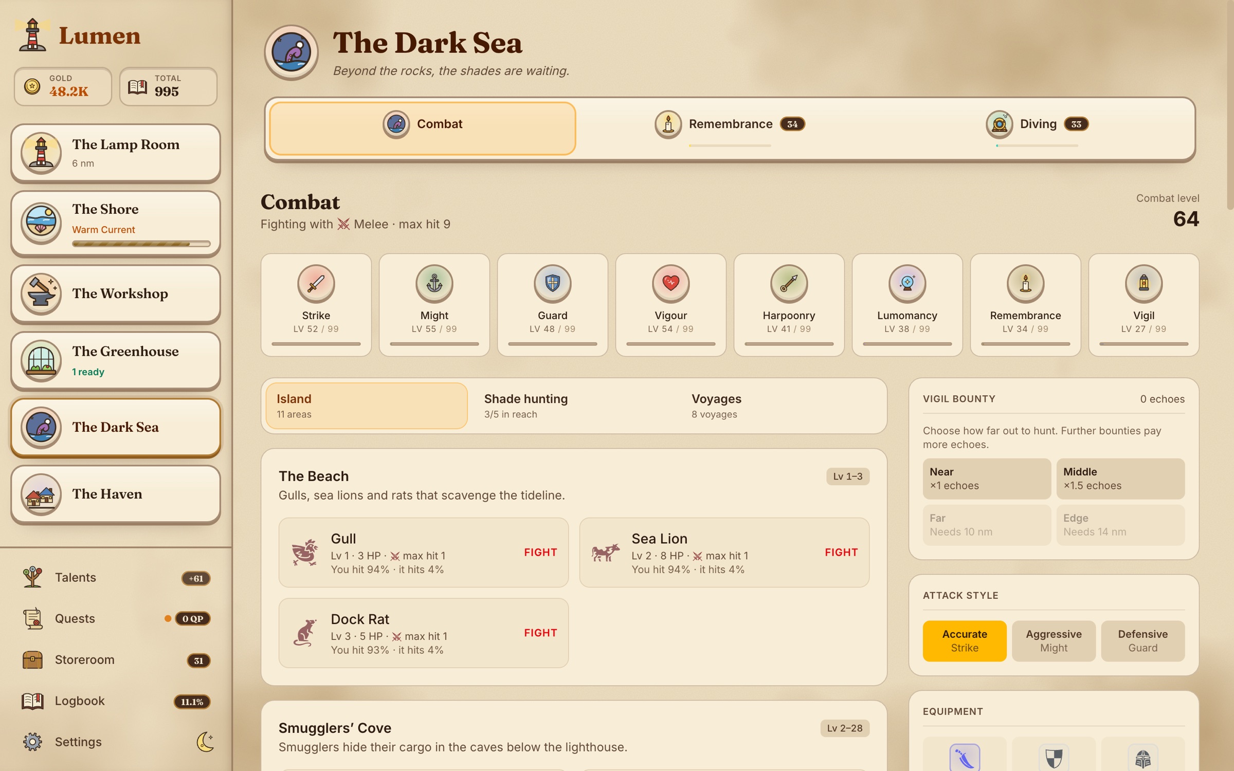 Combat on the Dark Sea: your combat skills, areas, bounties and attack styles.