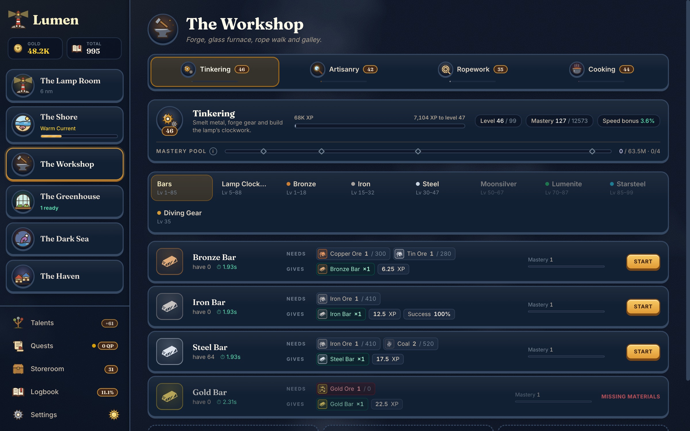 Tinkering in the Workshop: bars and lamp clockwork, with locked recipes below.